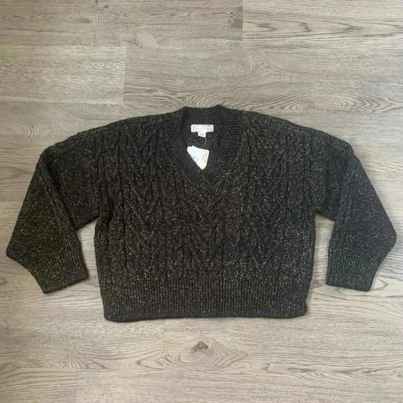 Band of The Free Lurex Oversized V-neck Cable Knit Sweater Size XS - Black - NWT - Picture 3 of 8